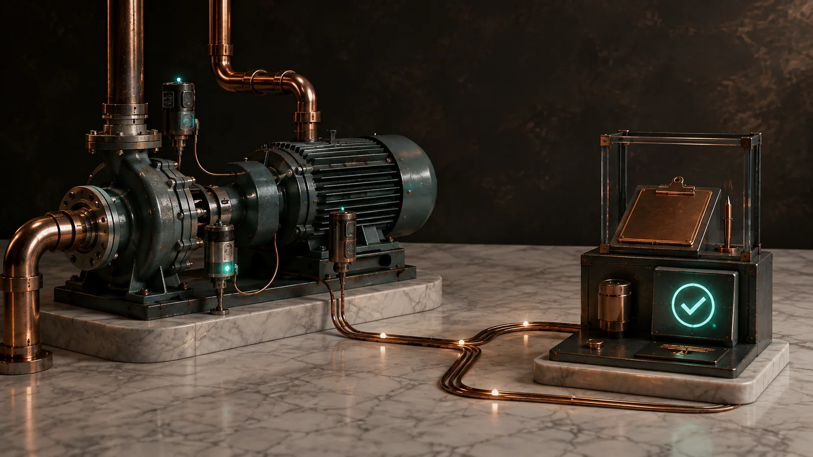 A monitored industrial pump connected to an acknowledged maintenance request and confirmed service outcome