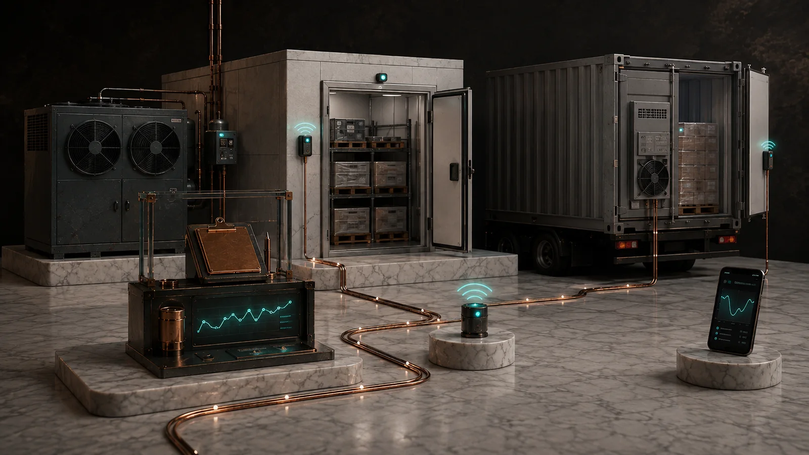 Refrigerated storage and transport connected through continuous condition logging and custody events