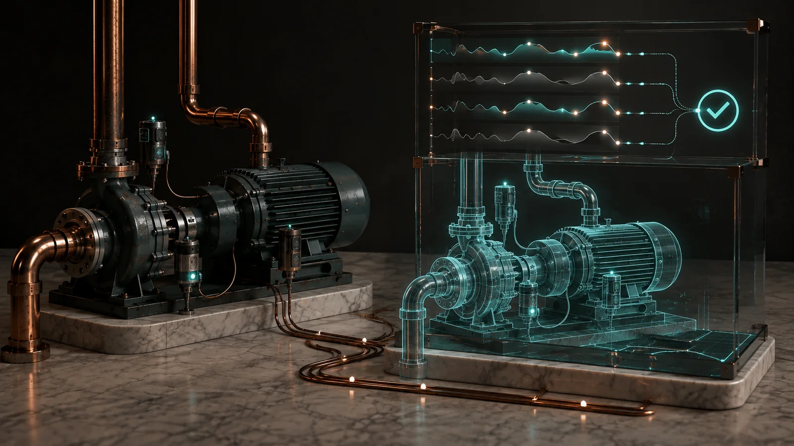 A physical industrial system mirrored by a structured scenario model with comparable outcomes