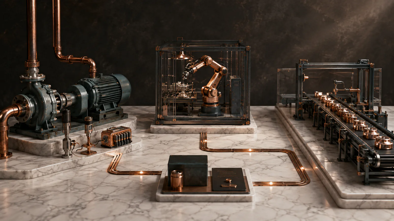 Industrial operating systems represented through connected measurement, analysis, and control pathways
