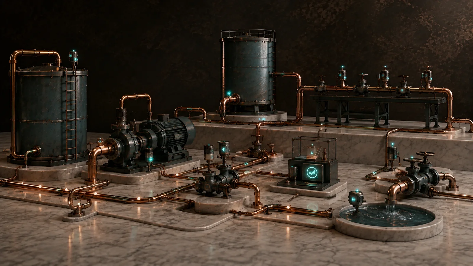 A network of tanks pumps valves and meters connected for flow balance and investigation