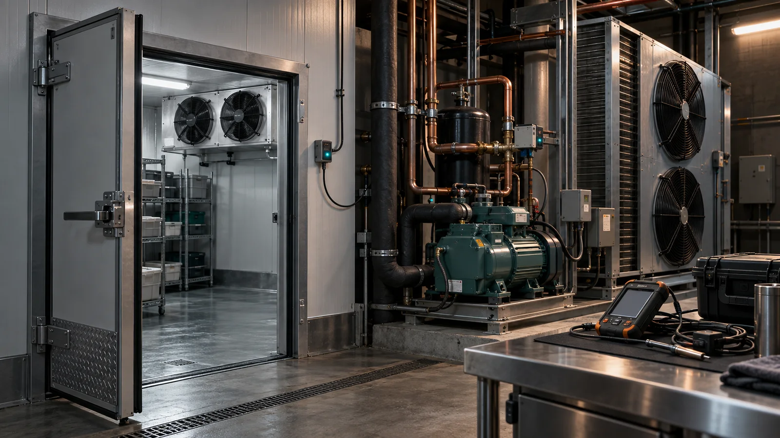 Commercial cold room and refrigeration equipment with a diagnostic instrument prepared for maintenance review