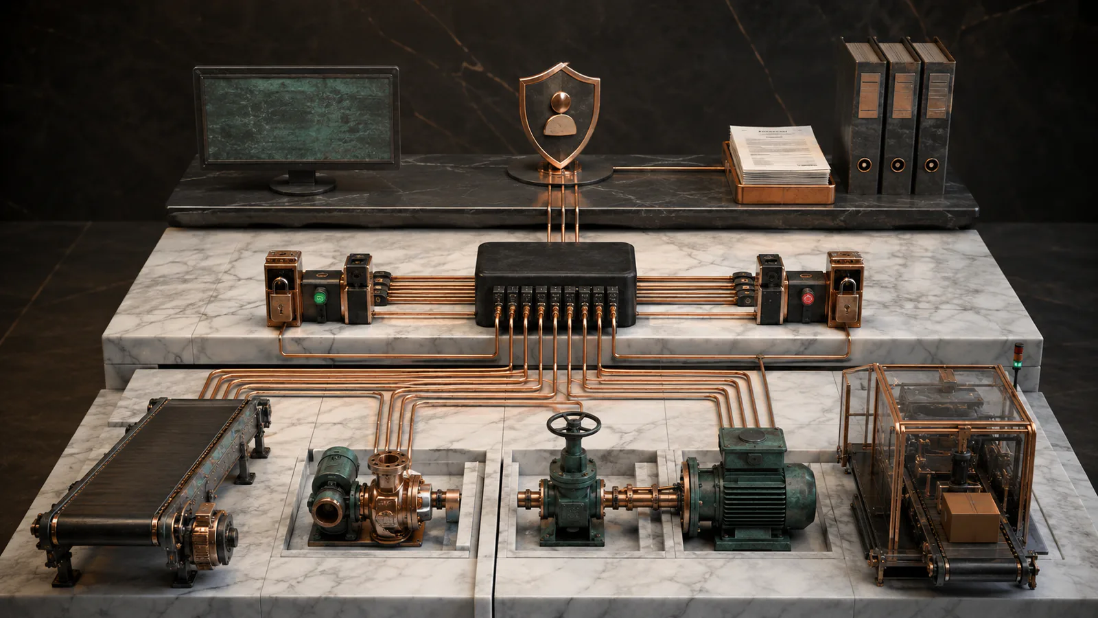 Controlled industrial automation connecting machinery, operating rules, and accountable outcomes