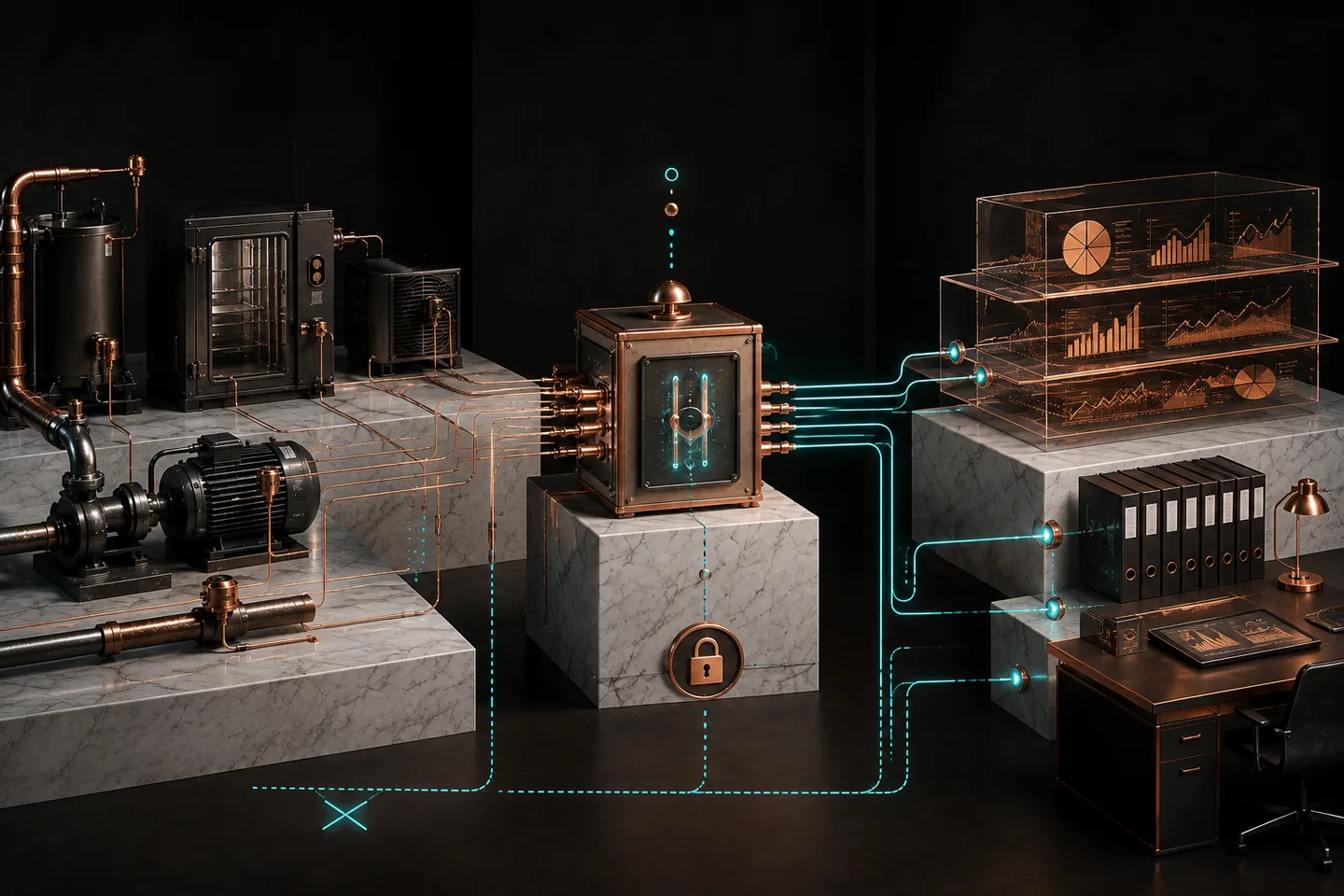 Industrial controller and machine data moving through an edge integration layer into production, maintenance, and planning records