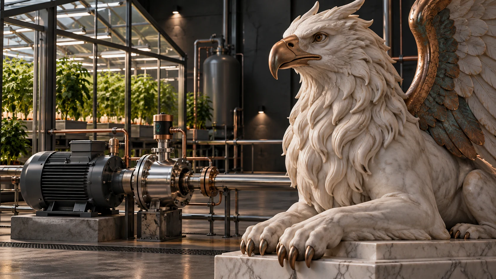 White marble Greek griffin watching pump equipment and a controlled greenhouse, representing oversight of physical operations