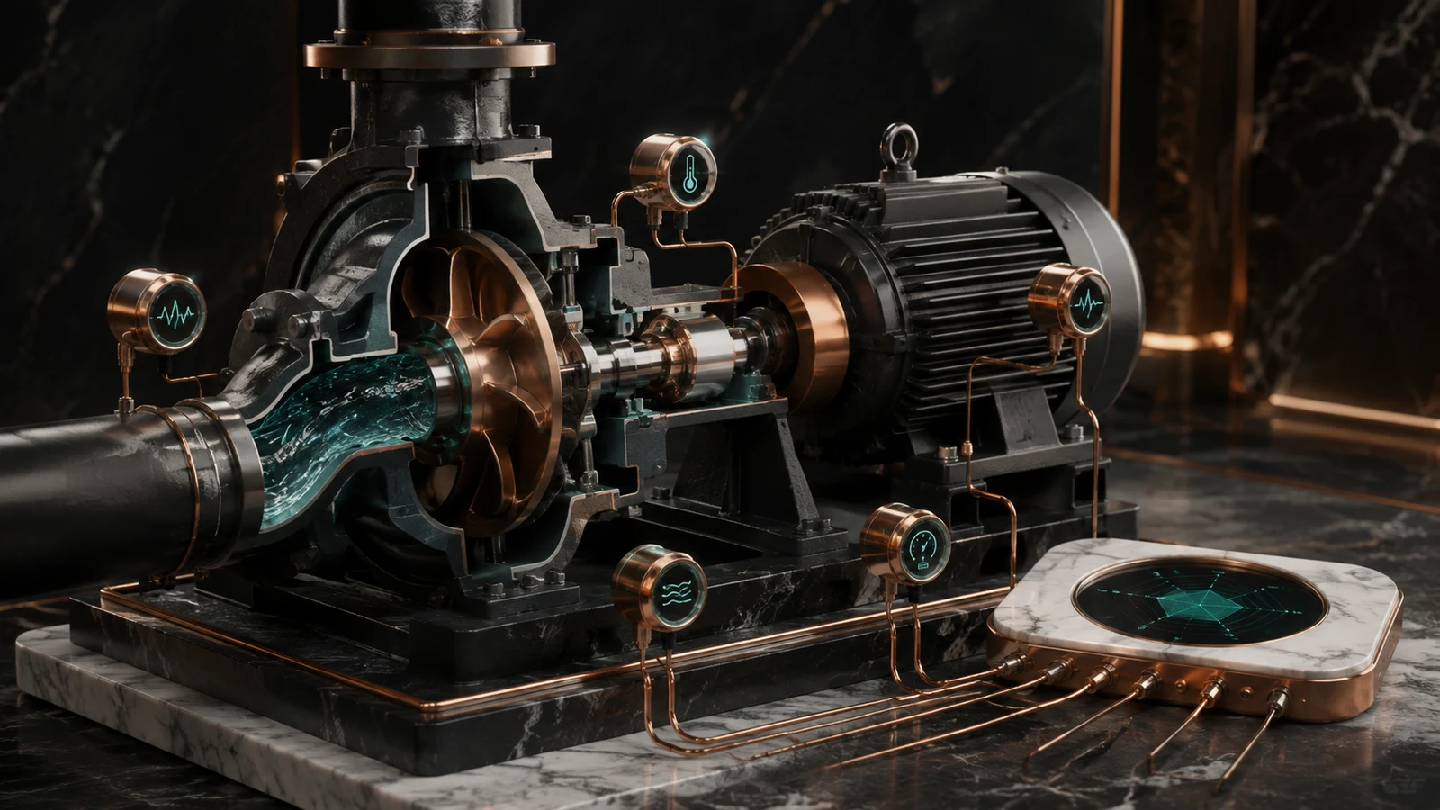 A cutaway industrial pump with vibration, temperature, current, flow, and pressure monitoring connected to a diagnostic review