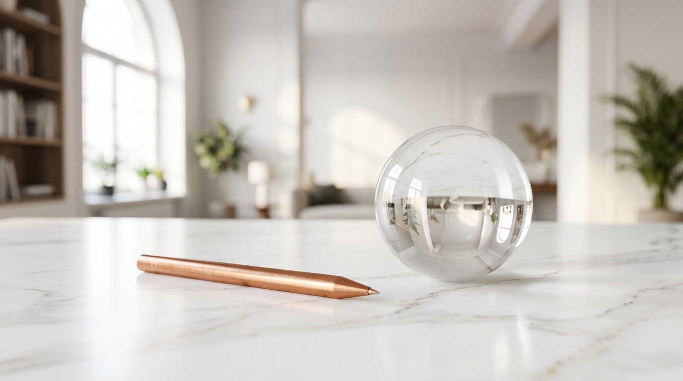 Stylus and crystal sphere representing business clarity