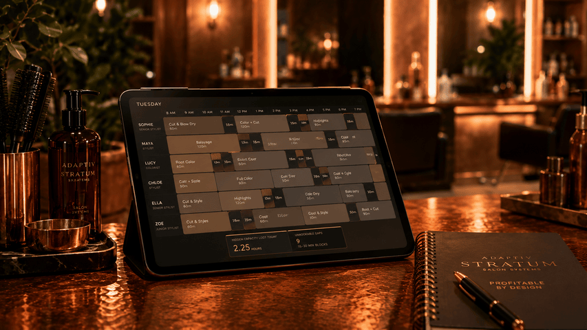 Salon scheduling display representing hidden gaps and lost calendar capacity