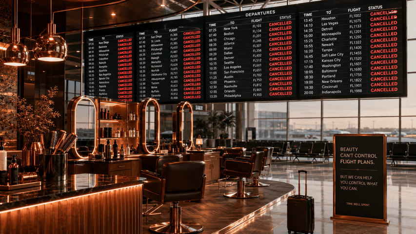 Airport cancellation boards above a luxury salon representing unrecovered appointments