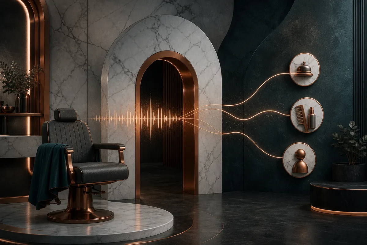 A protected salon chair beside a voice signal separated into booking, service, and human assistance paths