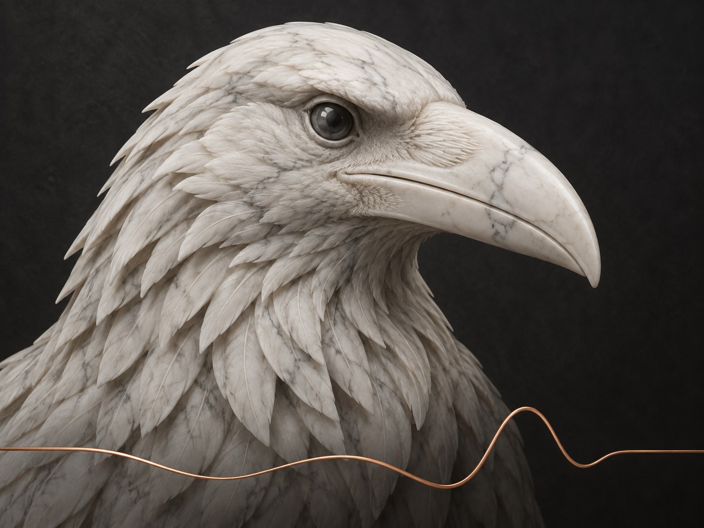Close-up carved ivory marble raven beside a copper conversation signal resolving into a controlled path