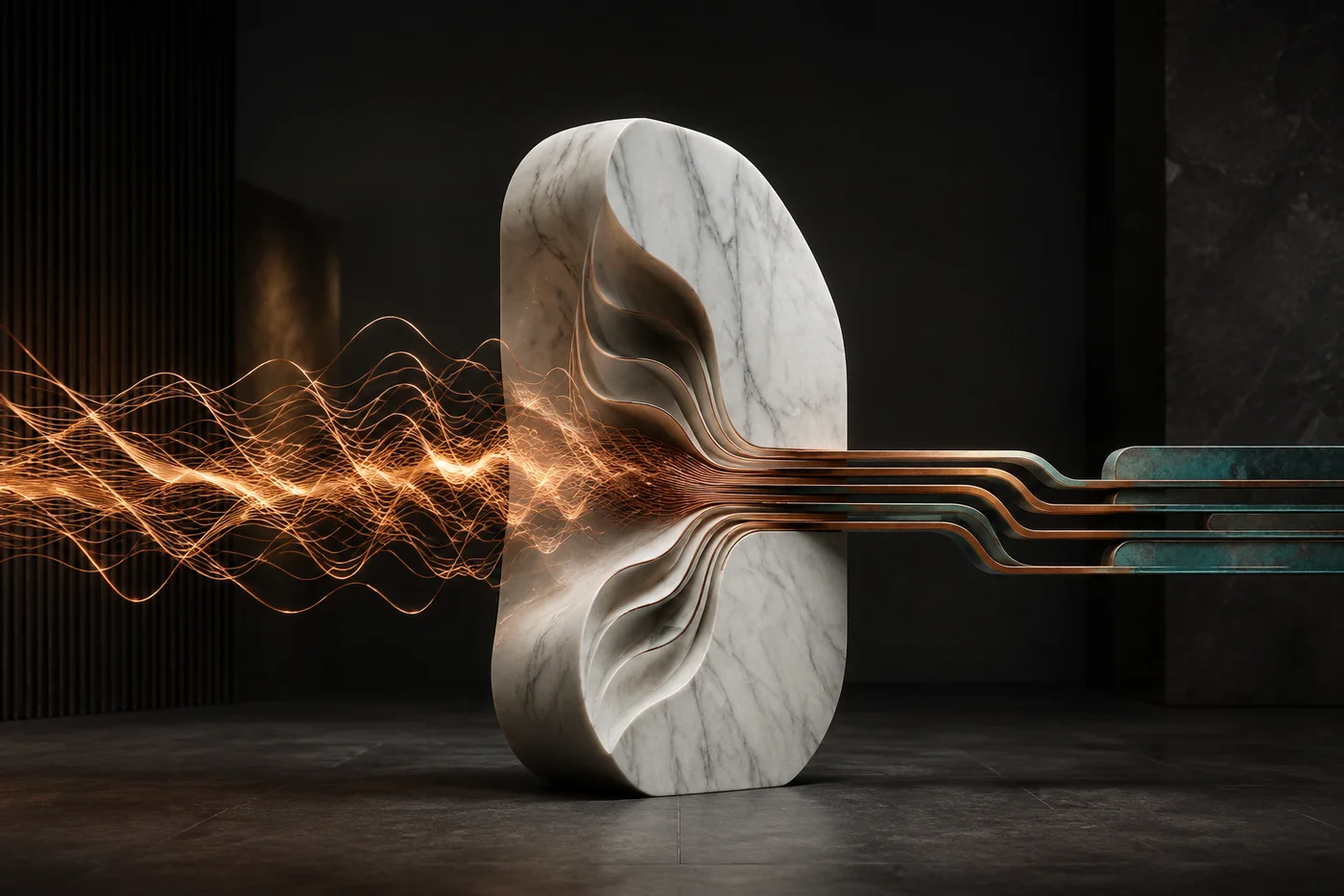 Copper conversation signals passing through white marble and becoming clear pathways